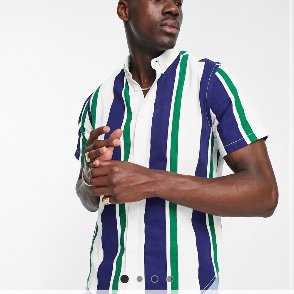 ASOS Blue and Green Casual Button Down Shirt with Vertical Stripes